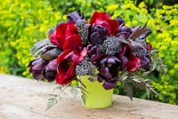 Bouquet arrangement of Tulipa 'Queen of Night', Tulipa 'National Velvet', Purple Sprouting Broccoli and Anthriscus sylvestris 'Ravenswing' with Lysimachia leaves