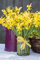 Narcissus 'Hawera' in a glass jar with ribbon