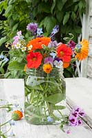 Edible flowers in glass jar - inc calendula, nasturiums, borage, chives, lavandula and violas