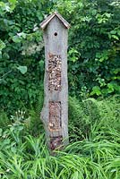 Jordans Wildlife Garden - view of garden bird box made from old tree with bug and insect hotel 