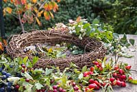 Ingredients for wreath include Snowberry, Spindle, Dogwood, Rose hip, Hawthorn and Sloe.