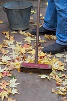 Gardener sweeping fallen leaves on pathway - October