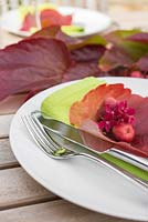 Table place setting consisting of parthenocissus, crab apples and hydrangea flowers
