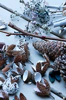 A collection of sprayed seed heads, beech mast, acorn cups and twigs for possible inclusion in a festive wreath.
