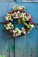 Festive garland against a blue-green door.  Red dogwood twigs with hydrangea flowers and tiny fir cones attached.