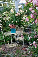 Seating area under pergola with climbing roses, metal garden table and chairs, Rosa 'Cornelia', Rosa 'Buff Beauty', Rosa 'Ghislaine de Féligonde' , sedum in blue pot, brick flooring
