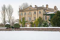 Highgrove House and Garden in snow, January 2013. The house was built in a Georgian neo-classical design between 1796 and 1798.