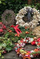 Display of Christmas wreaths 