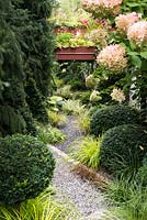 Gravel path leading to the mirror and roof garden amongst Carex oshimensis 'Everillo', Uncinia uncinata, Carex 'Ice Dance', Hydrangea paniculata 'Limelight' and topiary buxus balls.