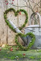 Christmas heart decorations made from moss, resting against a watering can. 