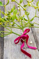 Mistletoe bouquet with a red ribbon, on wooden surface.