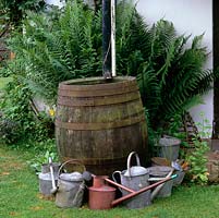 Wooden barrel makes a good water butt, collecting rain water to fill surrounding watering cans.