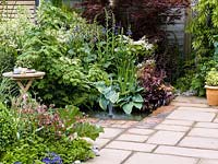 Sunken pool with fountain set into paved terrace, edged in bed of hosta, heuchera, elder, foxglove, hydrangea, dogwood and acer. Rheum, potentilla and campanula.