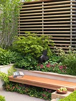 Sunken courtyard with slatted effect on back wall created with scaffolding planks. Beneath bench, shade-loving plants - epimedium, fern and dicentra. Raised bed: hosta, hellebore.