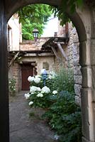 Courtyard garden with stone arch at Domaine de Chatelus de Vialar.  Hydrangea aborescens 'Annabelle' in terracotta pot.
