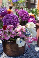 Bouquet of Tulipa 'Green Wave' and Allium 'Purple Sensation' in conservatory