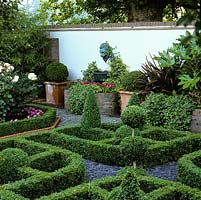 Knot garden on bed of slate in walled courtyard. Raised beds of fatsia, fern, heuchera, ivy and box. Lion mask wall fountain. On left, bed of roses.