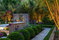 Town garden designed by Kate Gould, lit at night. A stainless steel water feature set into a dry stone wall. Box balls interplanted with purple and white allium. Boundary beds are filled with bamboo, cordyline, Trachycarpus fortunei.