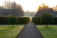 Sunrise over formal garden with path leading to clipped Yew hedges, lawns with Prunus lusitanica - Ammerdown House, Somerset