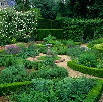 Herb Garden. Hedges planted with yew, box, teucrium or origanum. Beds of mint, lavender, fennel, catmint, rosemary, rue, marigold or salvia. Sundial in chamomile circle. Roses on pergola.