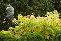 Close-up of buddha head sculpture and Rhus typhina 'Tiger Eyes' - Sumac shrub in Japanese garden