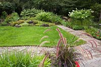Pennisetum - Fountain grass, flagstone and gravel path through manicured green grass lawn and white flowering Rodgersia deciduous tree in residential backyard garden in summer
