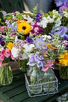 At Organic Blooms, flowers are grown for cutting and arranging. They include marigold, cosmos, larkspur, ammi, sweet peas, clary sage, scabious, sweet william, achillea, nicotiana, cornflower, godetia, feverfew, zinnia and statice., feverfew, zinnia and statice.