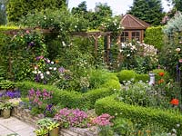 Parterre with Sundial, pebble paths between 4 box-hedged beds of roses and perennials. Rosa Morning Jewel with Clematis The President. Rosa New Dawn and Iceberg.