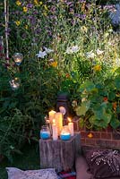 A collection of candles gently illuminating a garden at night.