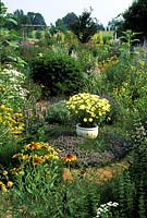 Informal herb garden planted with thyme, agastache, lavandula, santolina, yarrow with a pot of marguerites as a central feature marla's garden. Michigan. USA
