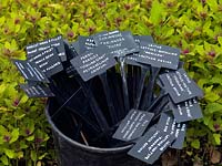 Bucket of plant labels. The two-acre, organic, walled kitchen garden at Le Manoir aux Quat'Saisons, conceived by celebrity chef, Raymond Blanc. 