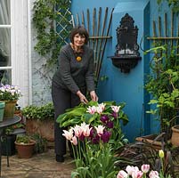 Judith Strong on the sunny patio of her 18m x 7m walled London back garden full of spring tulips.