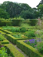 In walled garden, potager of box-edged beds filled with flowers, topiary and vegetables. Near beds - roses, hardy geranium, valerian, Stipa gigantea. Peas. Squirrel topiary.