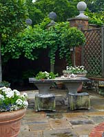 Stone courtyard with pergola covered in vine, beneath hostas in the shade. Stone table with bunch of cut roses and laid for tea. Pots with standard bay, white geranium and lobelia.