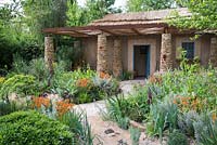 Basotho style building plants include, Lupinus, Erysimum 'Apricot Twist', succulents - The Sentebale Garden, RHS Chelsea Flower Show 2015 