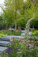 Overview of garden incorporating 41,500 hand-cut slates in the hard landscaping. Plants include campion - Silene latifolia and Silene dioica, cow parsely - Anthriscus sylvestris, Euphorbia and white Echium -  Brewin Dolphin Garden, Chelsea Flower Show, 2015