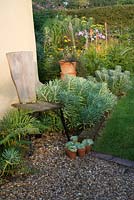 Chair by house wall. Euphorbia characias subsp. wulfenii, ferns and Echeveria in pots at foot of chair