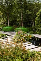 The Macmillan Legacy Garden - view showing tree seats, stepping stones across a pool and pond with edge of woodland planting including Rehmannia Walbertons 'Magic Dragon', Verbascum and Geum 'Totally Tangerine'  - RHS Hampton Court Flower Show 2015
