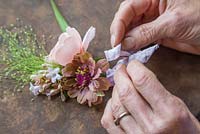Attaching silk to the Buttonhole for an aesthetic touch. Zinnia elegans 'Queen Red Lime', Rosa 'Ambridge Rose', Panicum elegans 'Frosted Explosion' and Abelia x grandiflora