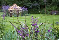 View from border containing Penstemon, Iris germanica and Phormium 'Bronze Baby', looking towards the unique Gabion sculpture shaped like a bulb