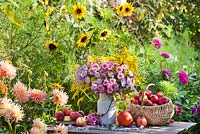 Floral and harvest display of Asters and Apples.