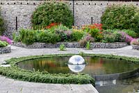 The Sunken Garden. Water Feature by William Pye. Aberglasney Garden, Llangathen, Carmarthenshire, Wales. July.