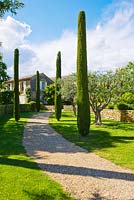 Garden in Luberon, France, Designed by Michel Semini: Path along lawn with cypress trees - Wasserman garden