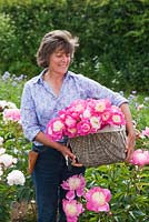 Jo Bennison with a basket of peony 'Gay Paree'