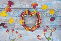 Autumnal heart shaped wreath constructed from Rose hips, Mina lobata and Autumnal leaves