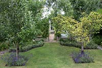 Lawn with fruit trees and lavender underplanting. Salterns Cottage, a private garden on the Isle of Wight. 