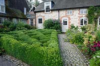 Lattice style topiary hedge of Buxus semperivrens surrounded by a cobblestone path, Summer perennials of Echinacea 'Fatal Attraction'