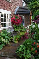 The front garden at Brooke Cottage with a large hanging basket of bright pink Pelargoniums above large-leaved Fatsia japonica, Hakonechloa macra Aureola and ferns beneath bench.