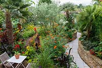 A tropical town garden with seating area surrounded by a hot border planted with tithonia, canna and zinnia. The trees include Trachycarpus wagnerianus, Chamaerops humilis, Butia capitata and Olea europea.