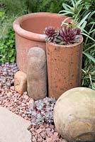 Terracotta pots with sempervivum, gravel border and stone paving